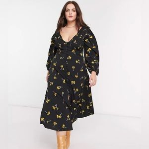 ASOS DESIGN Curve v neck button through midi dress with shirring in floral print
